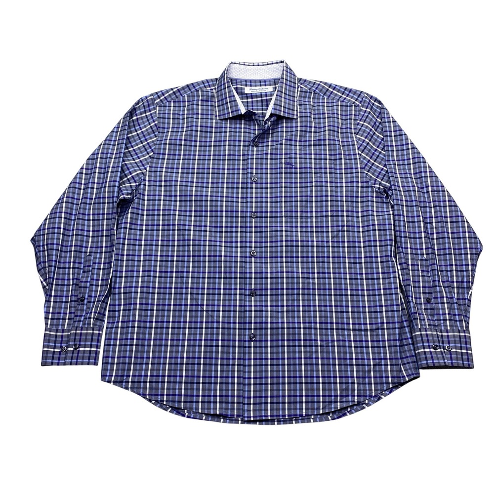 Tommy Bahama Sarasota Stretch Mens Large Blue Purple Plaid Button Down Shirt